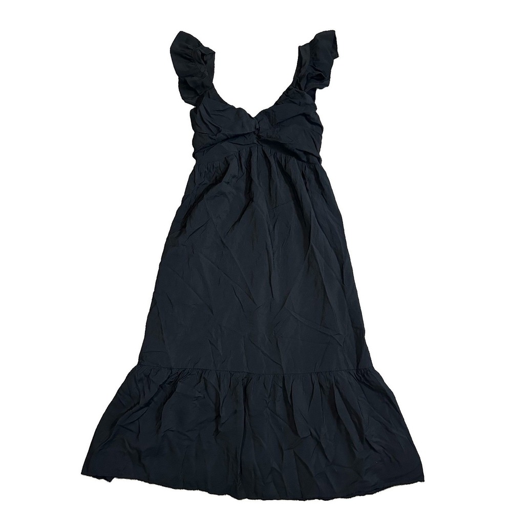 GAP Women's SMALL Black Ruffle Sleeves Ruched Tiered Long Dress Minimalist Boho
